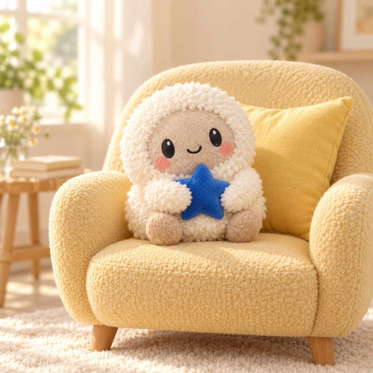 A round curly cream Joy Boy plush holding a cobalt star on a sunny butter-yellow armchair