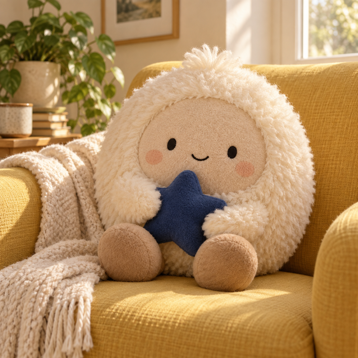 A cream Muse-inspired plush holding a blue star on a sunny butter-yellow armchair
