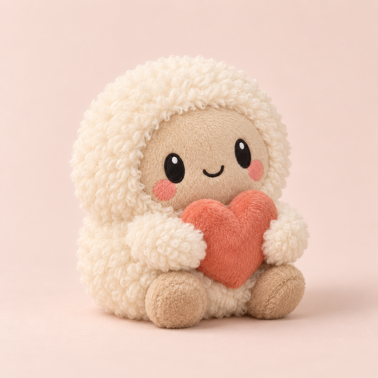Pip in the Joy Boy style, a round cream curly plush hugging a terracotta heart