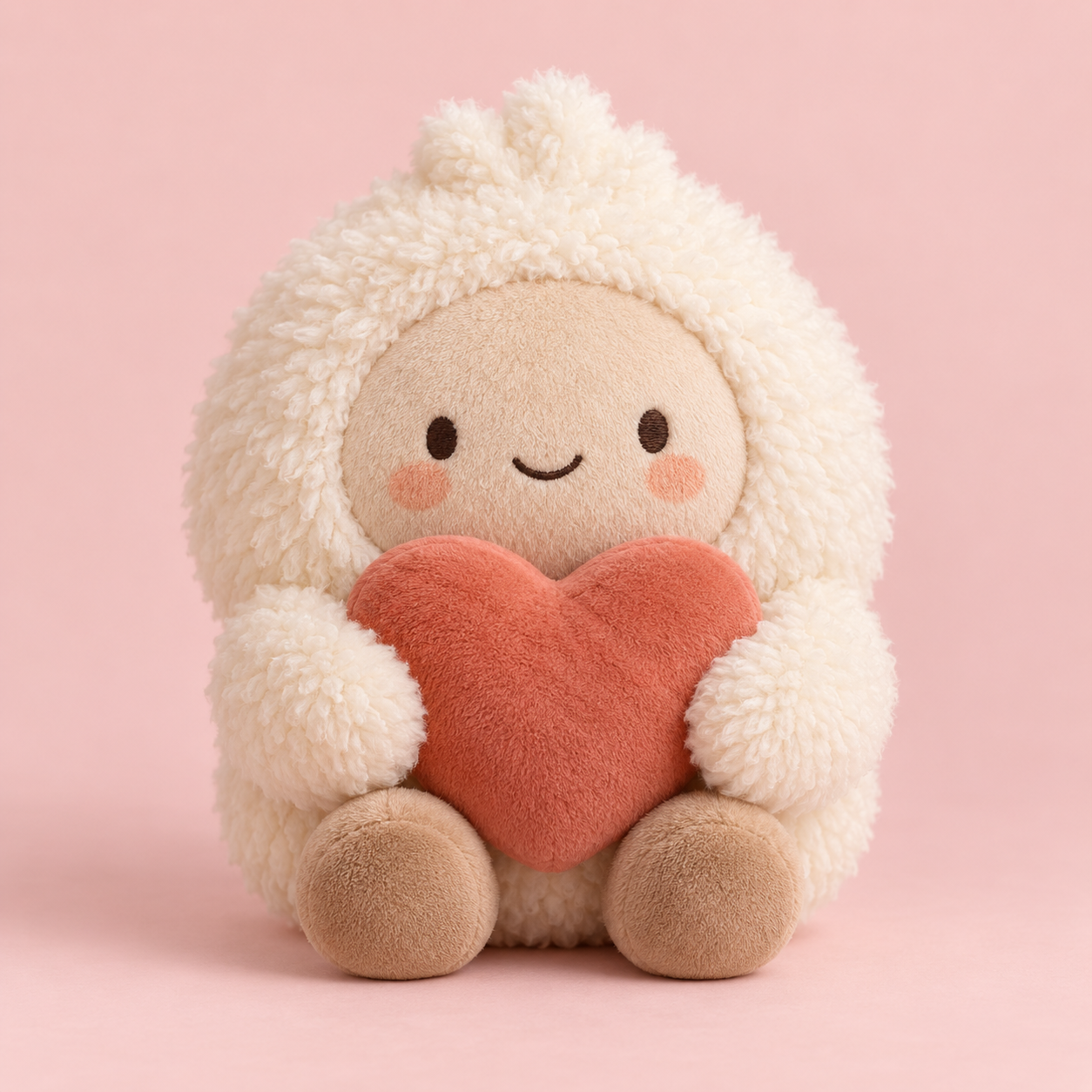 A cream plush companion holding a terracotta heart